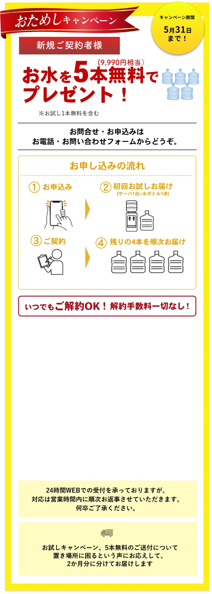 新規ご契約者様　お水を5本（9,990円分）無料でプレゼント！